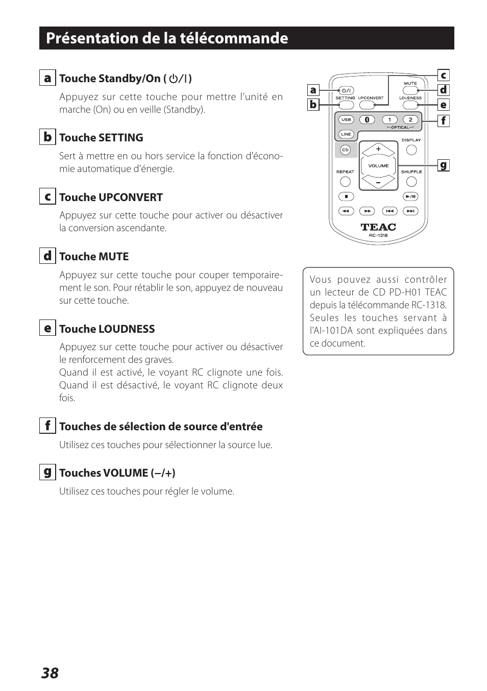 Présentation de la télécommande | Teac AI-101DA User Manual | Page 38 / 76