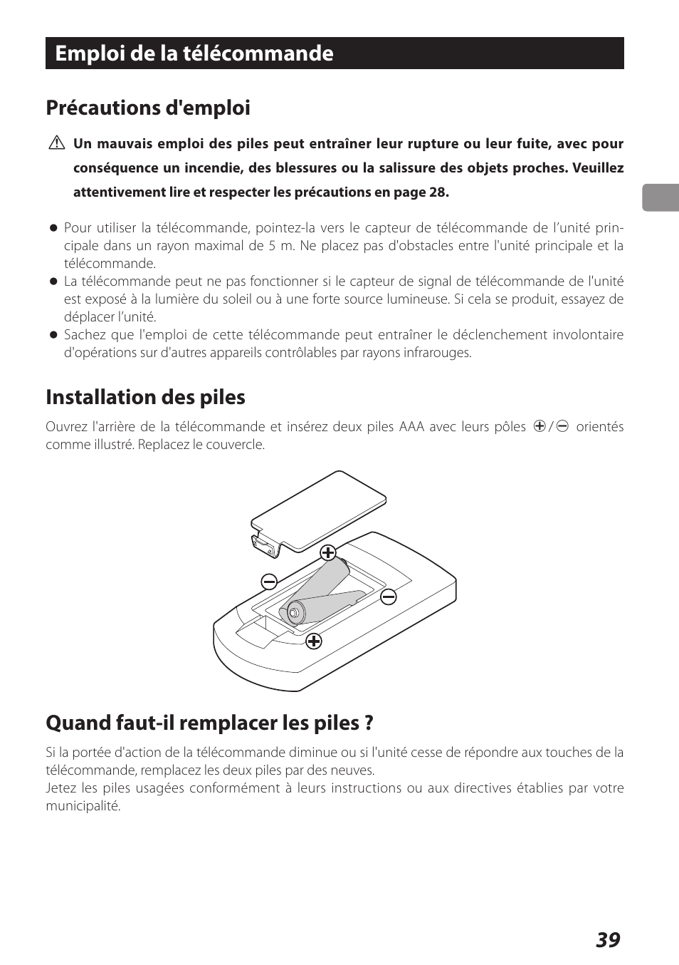 Emploi de la télécommande, 39 emploi de la télécommande, Précautions d'emploi | Installation des piles, Quand faut-il remplacer les piles | Teac AI-101DA User Manual | Page 39 / 76