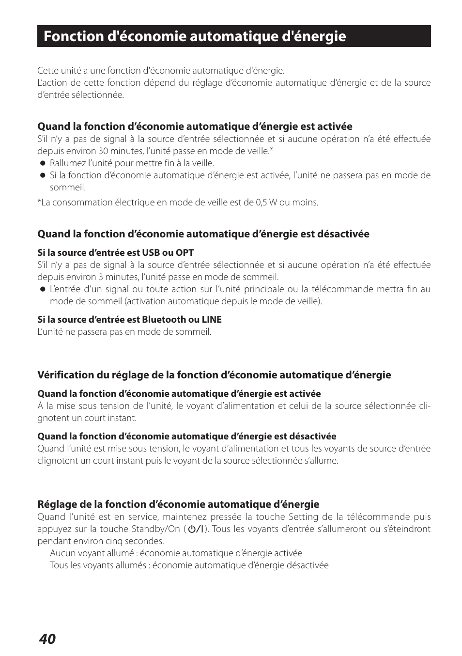 Fonction d'économie automatique d'énergie, Fonction d'économie automatique d'énergie . 40 | Teac AI-101DA User Manual | Page 40 / 76