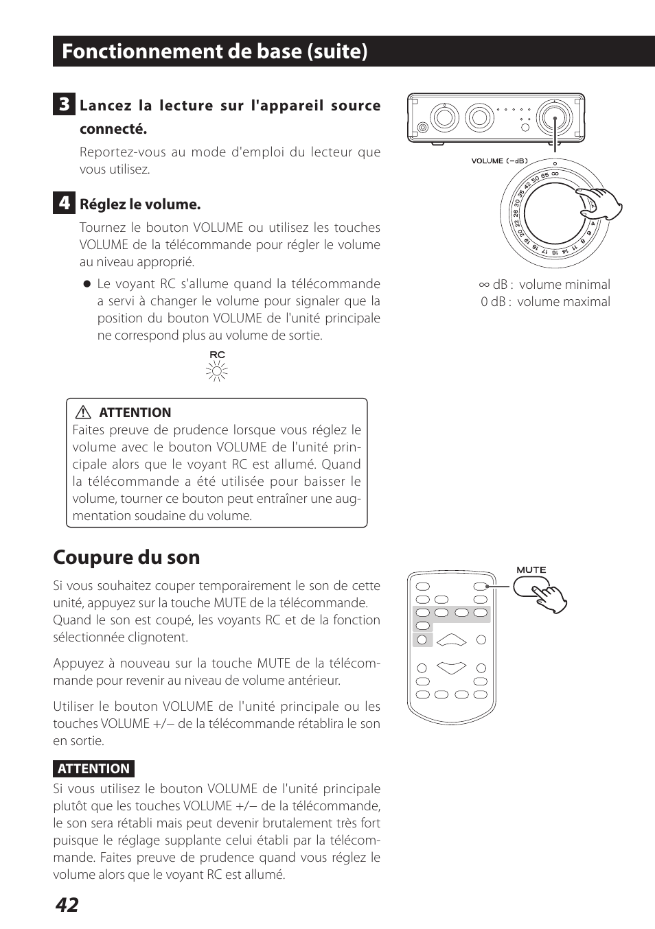 Fonctionnement de base (suite), Coupure du son | Teac AI-101DA User Manual | Page 42 / 76