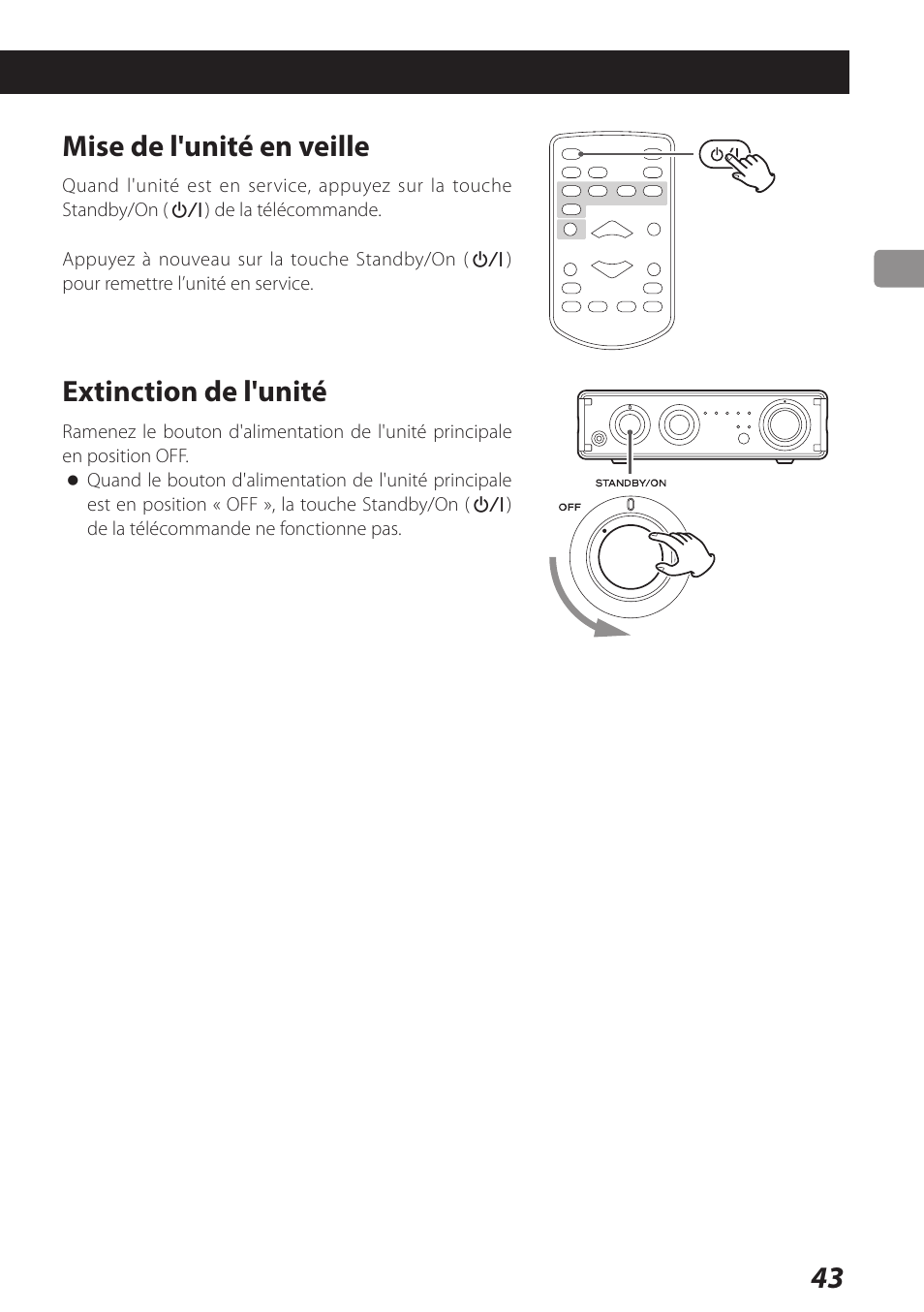 Mise de l'unité en veille, Extinction de l'unité | Teac AI-101DA User Manual | Page 43 / 76