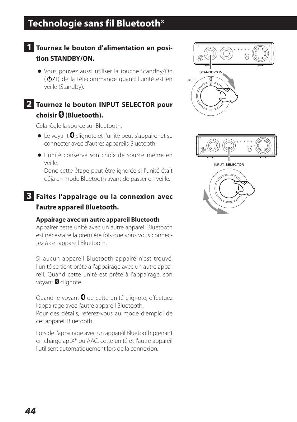 Technologie sans fil bluetooth, 44 technologie sans fil bluetooth | Teac AI-101DA User Manual | Page 44 / 76