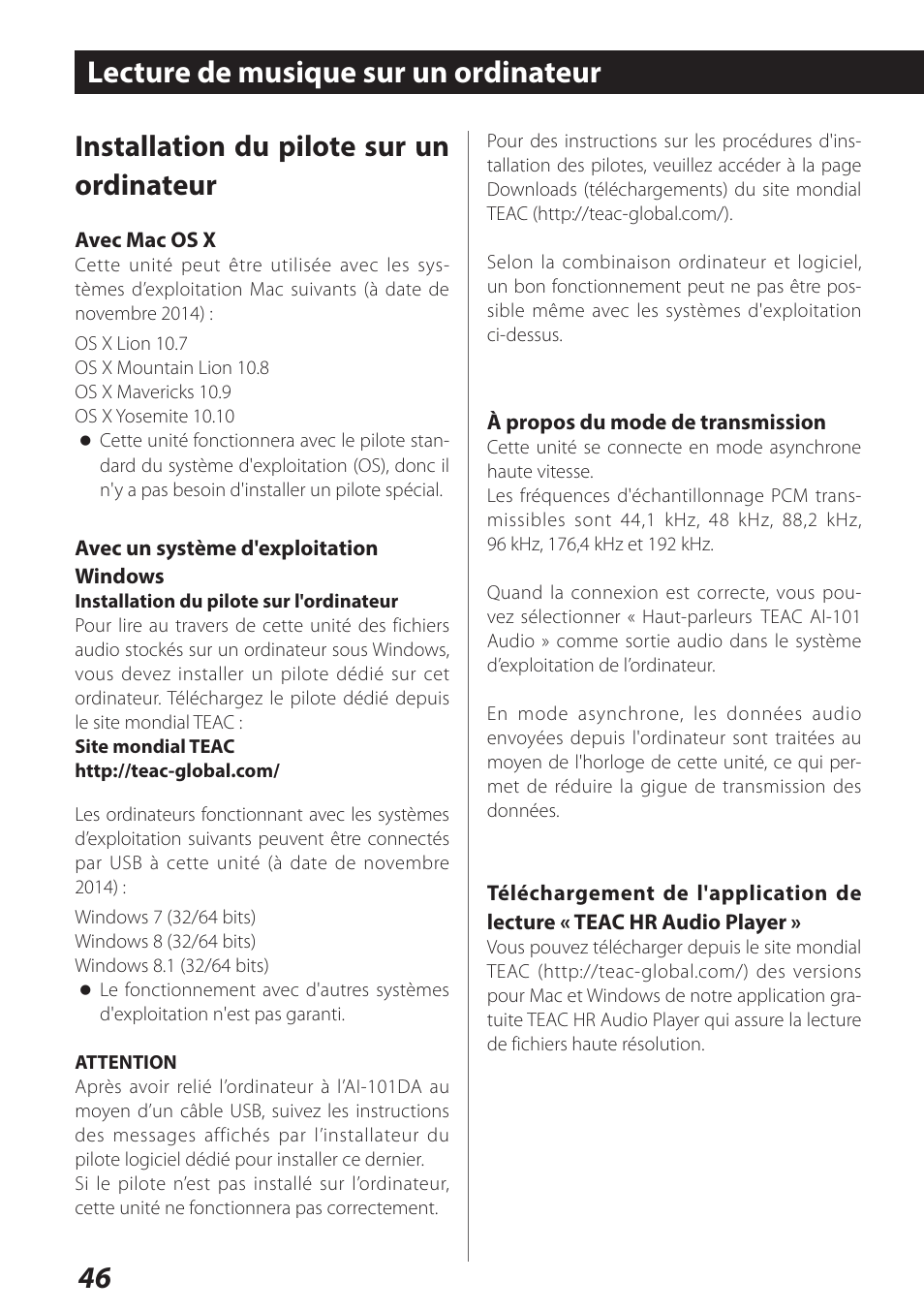 Lecture de musique sur un ordinateur, 46 lecture de musique sur un ordinateur, Installation du pilote sur un ordinateur | Teac AI-101DA User Manual | Page 46 / 76