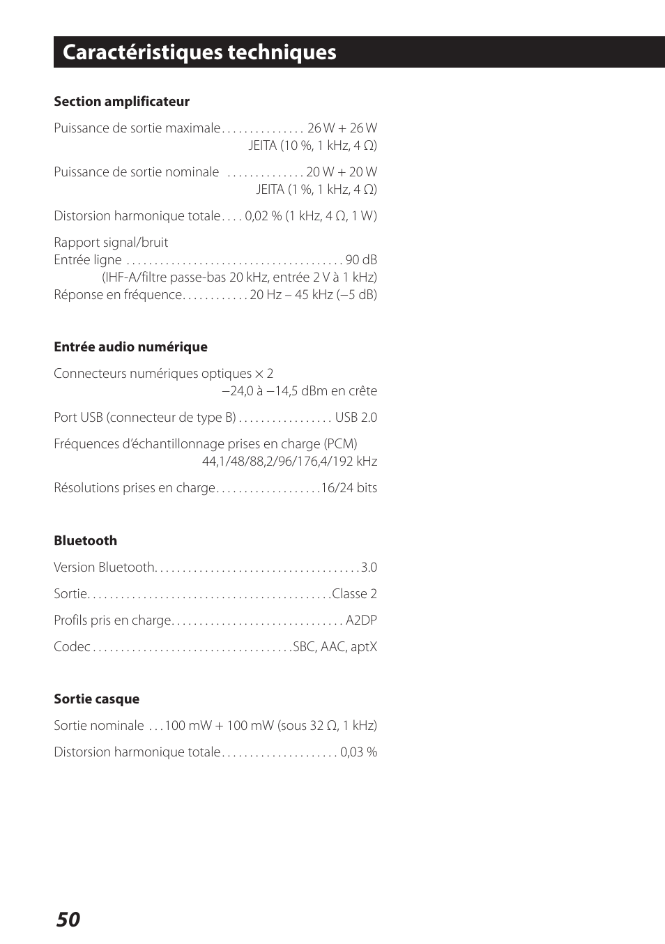 Caractéristiques techniques | Teac AI-101DA User Manual | Page 50 / 76