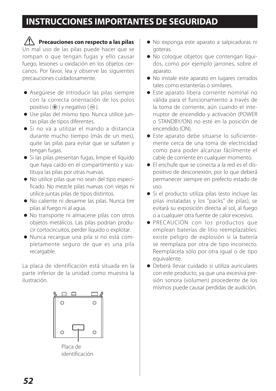 Español, 52 v, Instrucciones importantes de seguridad | Teac AI-101DA User Manual | Page 52 / 76