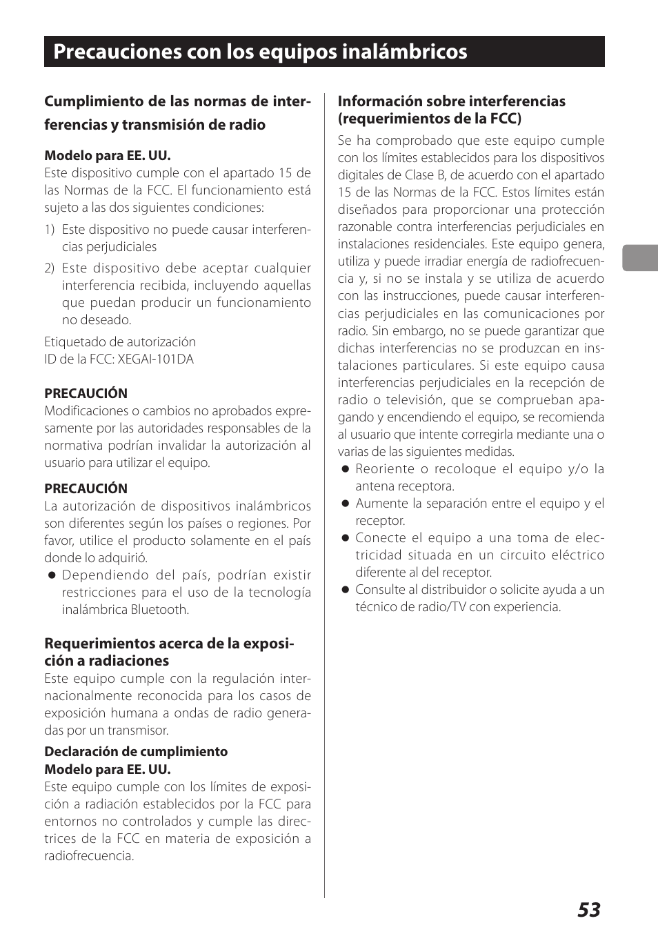 Precauciones con los equipos inalámbricos | Teac AI-101DA User Manual | Page 53 / 76