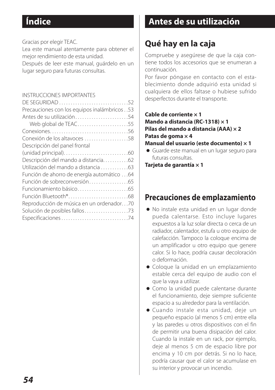 Antes de su utilización, 54 índice, Qué hay en la caja | Precauciones de emplazamiento | Teac AI-101DA User Manual | Page 54 / 76