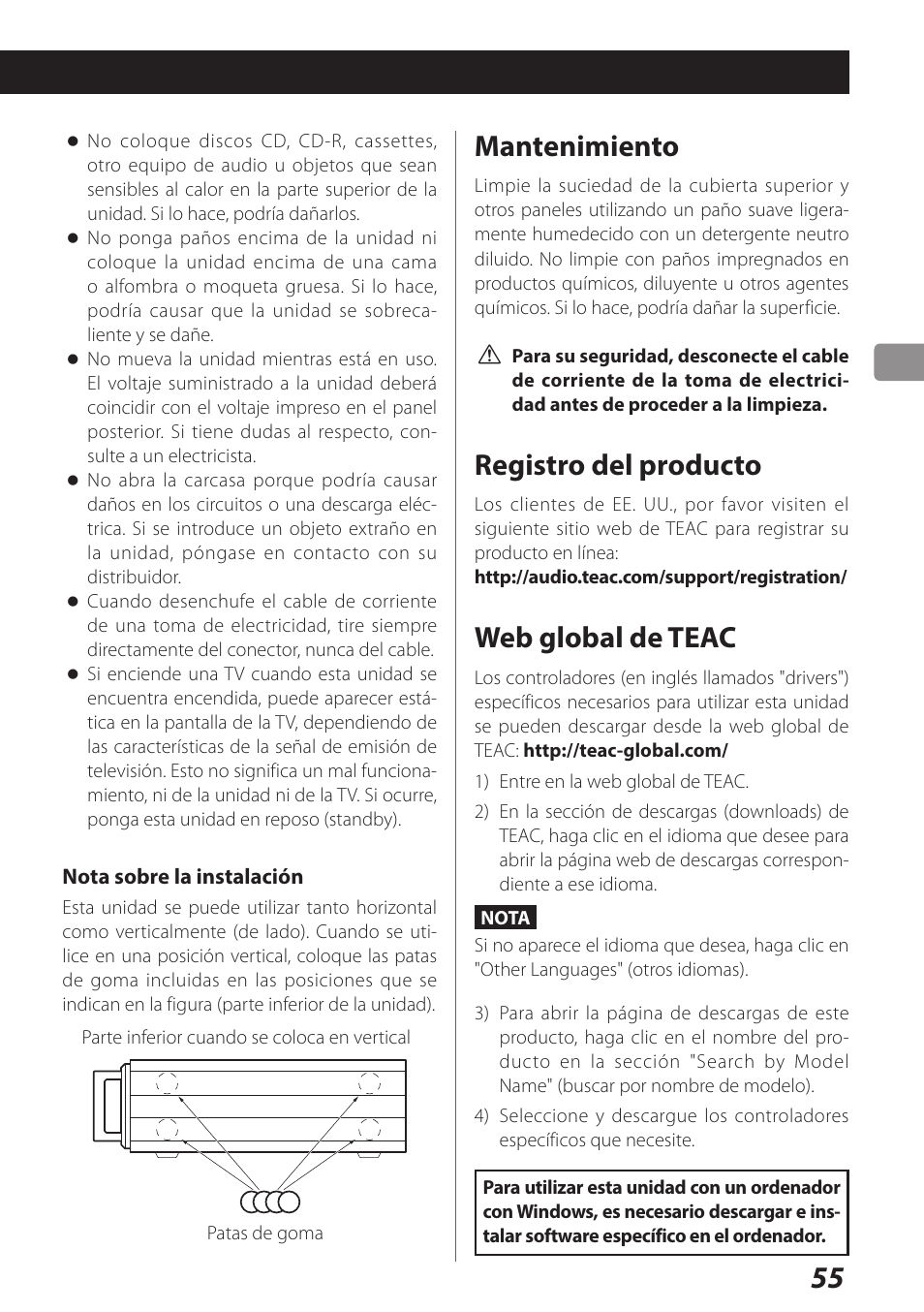 Web global de teac, Mantenimiento, Registro del producto | Teac AI-101DA User Manual | Page 55 / 76
