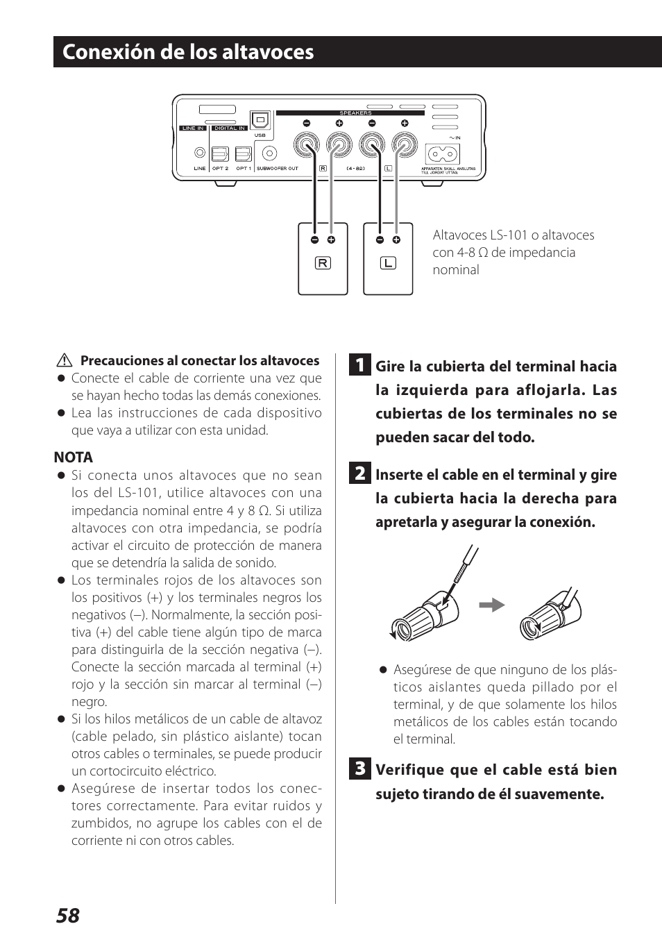 Conexión de los altavoces, 58 conexión de los altavoces | Teac AI-101DA User Manual | Page 58 / 76