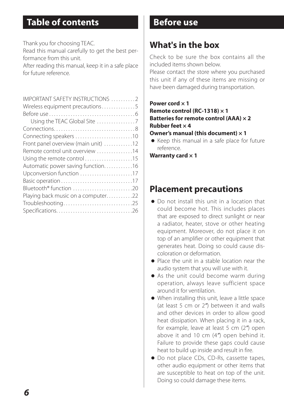 Before use, 6table of contents, What's in the box | Placement precautions | Teac AI-101DA User Manual | Page 6 / 76
