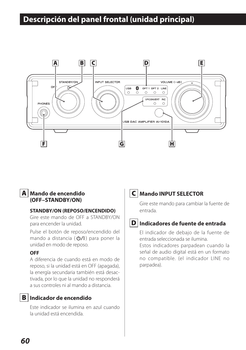 Descripción del panel frontal (unidad principal) | Teac AI-101DA User Manual | Page 60 / 76