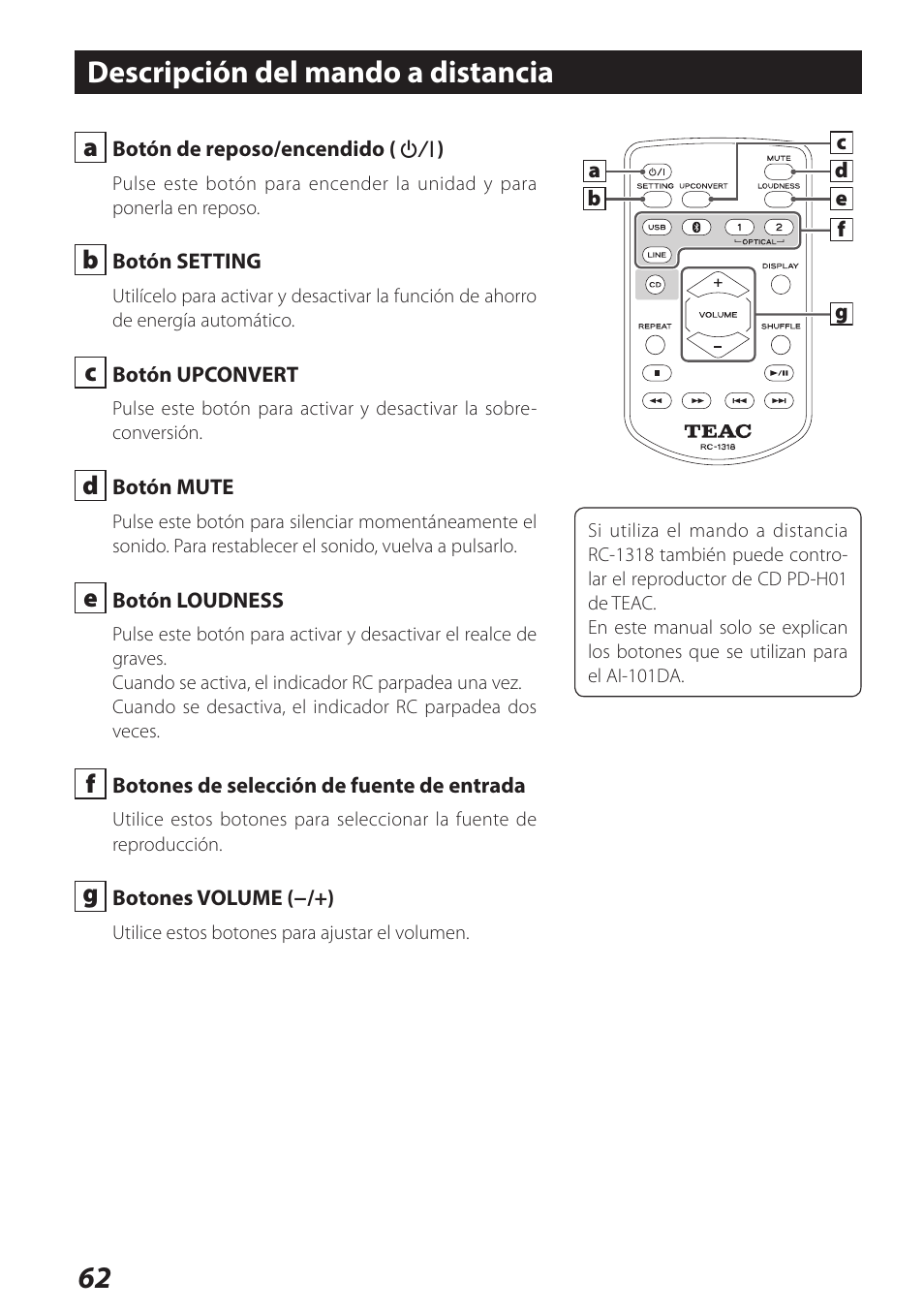 Descripción del mando a distancia | Teac AI-101DA User Manual | Page 62 / 76