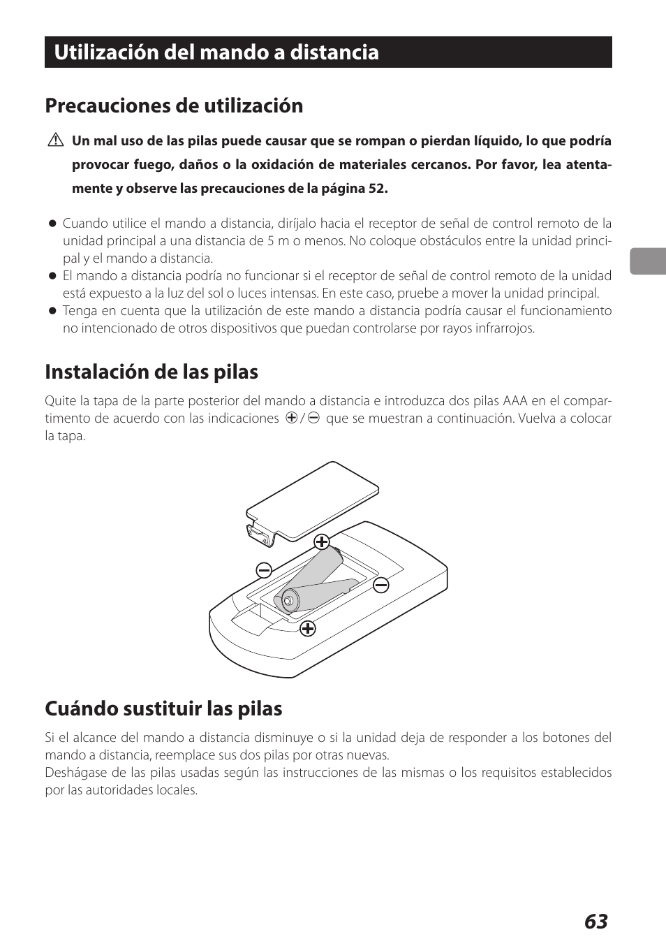 Utilización del mando a distancia, 63 utilización del mando a distancia, Precauciones de utilización | Instalación de las pilas, Cuándo sustituir las pilas | Teac AI-101DA User Manual | Page 63 / 76