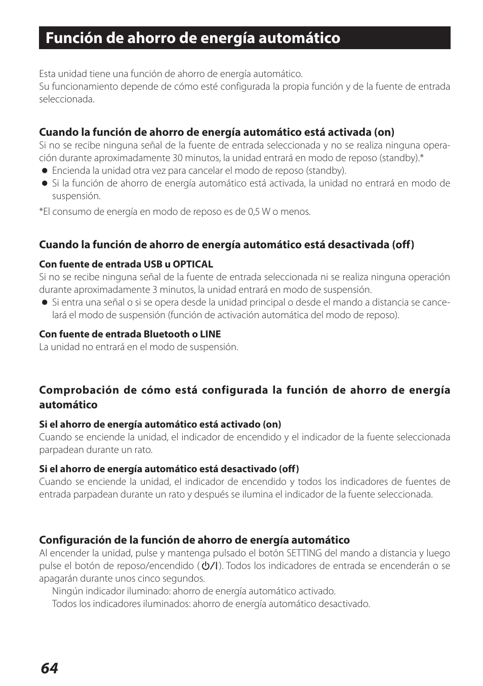 Función de ahorro de energía automático | Teac AI-101DA User Manual | Page 64 / 76