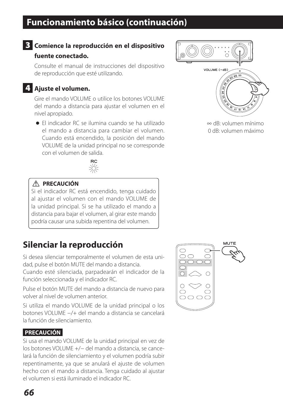 Funcionamiento básico (continuación), Silenciar la reproducción | Teac AI-101DA User Manual | Page 66 / 76