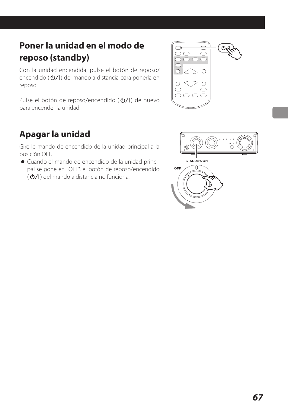 Poner la unidad en el modo de reposo (standby), Apagar la unidad | Teac AI-101DA User Manual | Page 67 / 76