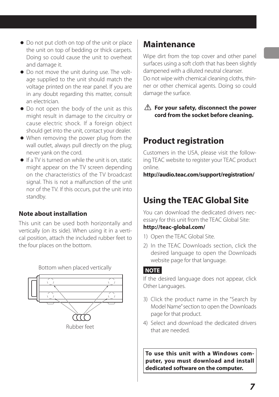 Using the teac global site, Maintenance, Product registration | Teac AI-101DA User Manual | Page 7 / 76