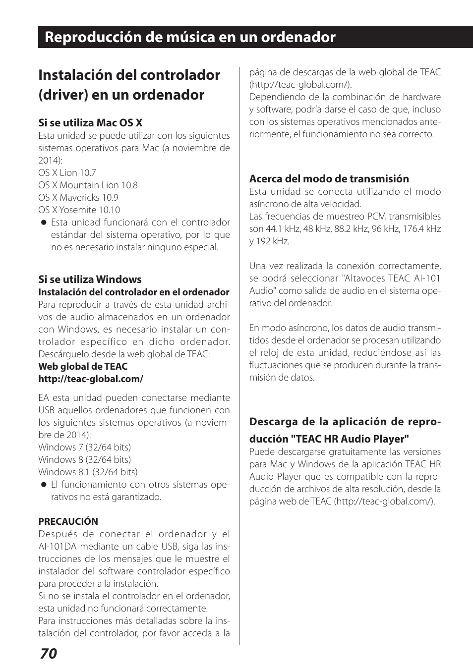 Reproducción de música en un ordenador, 70 reproducción de música en un ordenador | Teac AI-101DA User Manual | Page 70 / 76