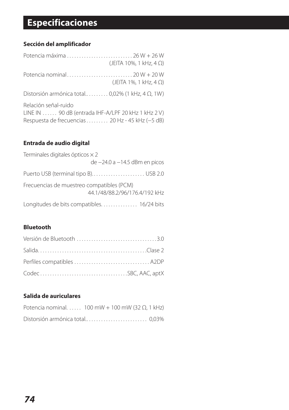 Especificaciones | Teac AI-101DA User Manual | Page 74 / 76