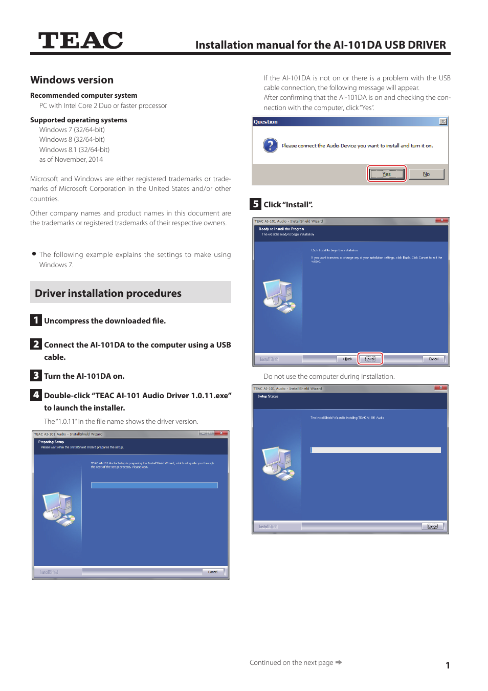 Teac AI-101DA USB DRIVER Installation User Manual | 3 pages