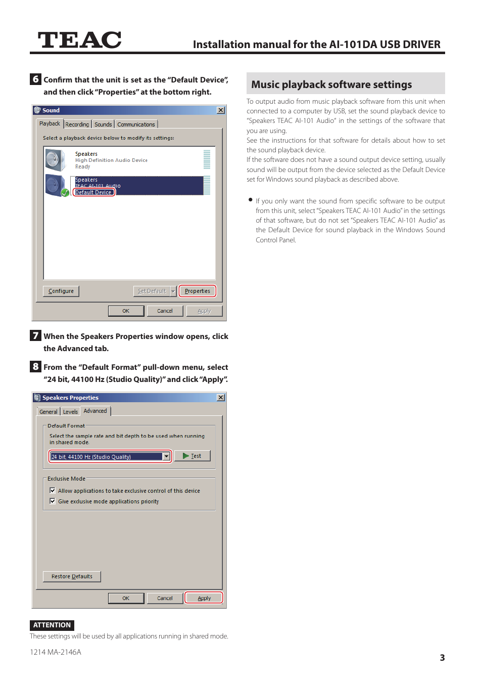 Installation manual for the ai-101da usb driver | Teac AI-101DA USB DRIVER Installation User Manual | Page 3 / 3