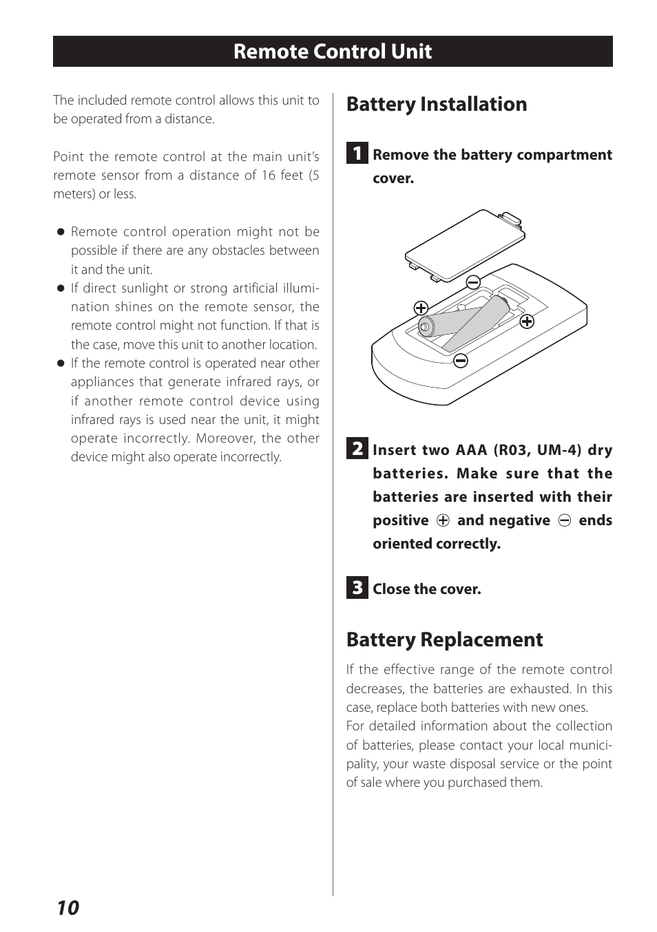 Remote control unit, 10 remote control unit, Battery installation | Battery replacement | Teac AI-301DA User Manual | Page 10 / 80