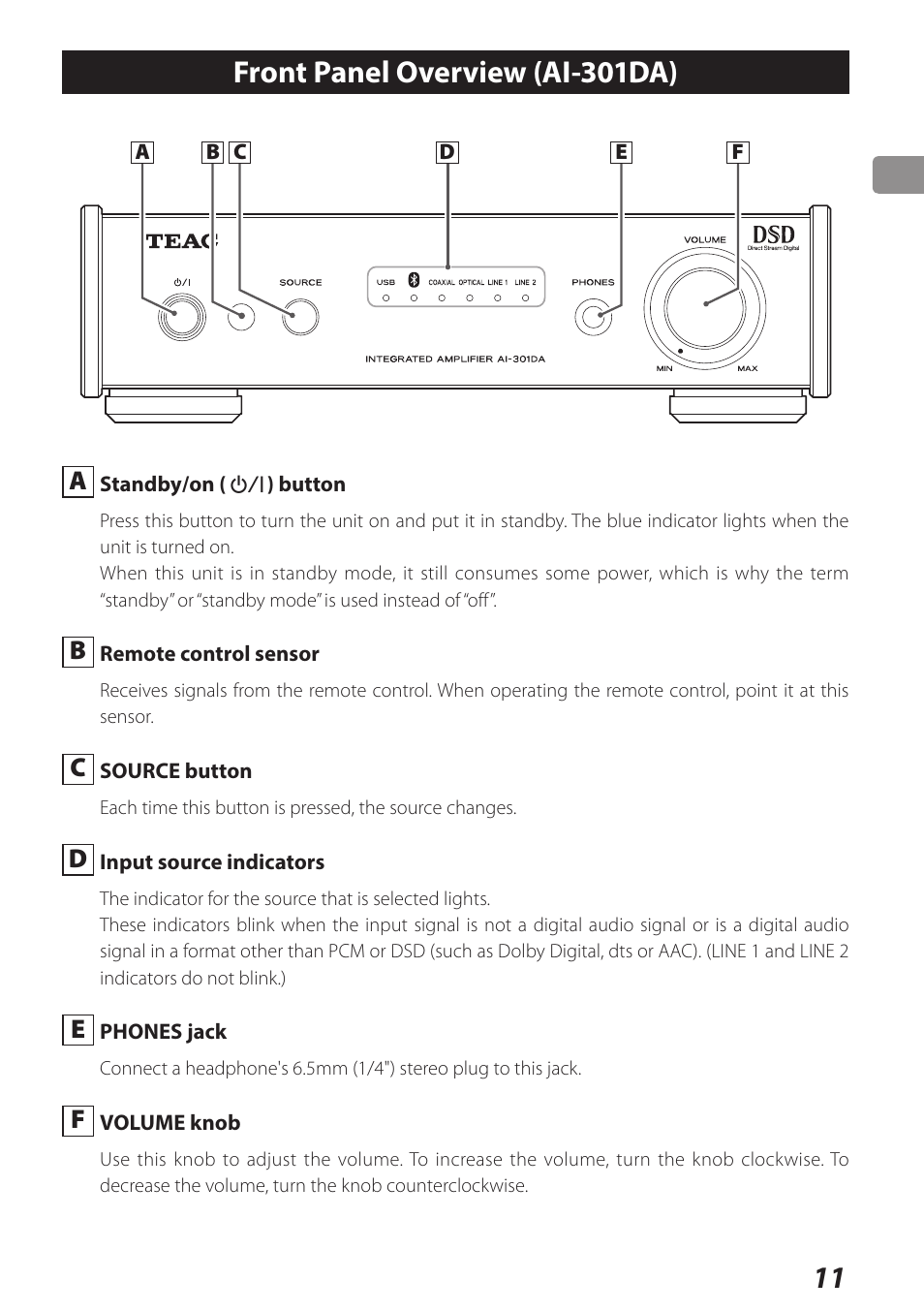 Front panel overview (ai-301da) | Teac AI-301DA User Manual | Page 11 / 80