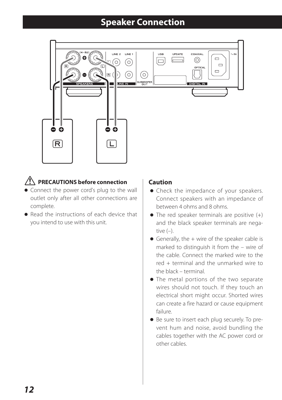 Speaker connection, 12 speaker connection v | Teac AI-301DA User Manual | Page 12 / 80