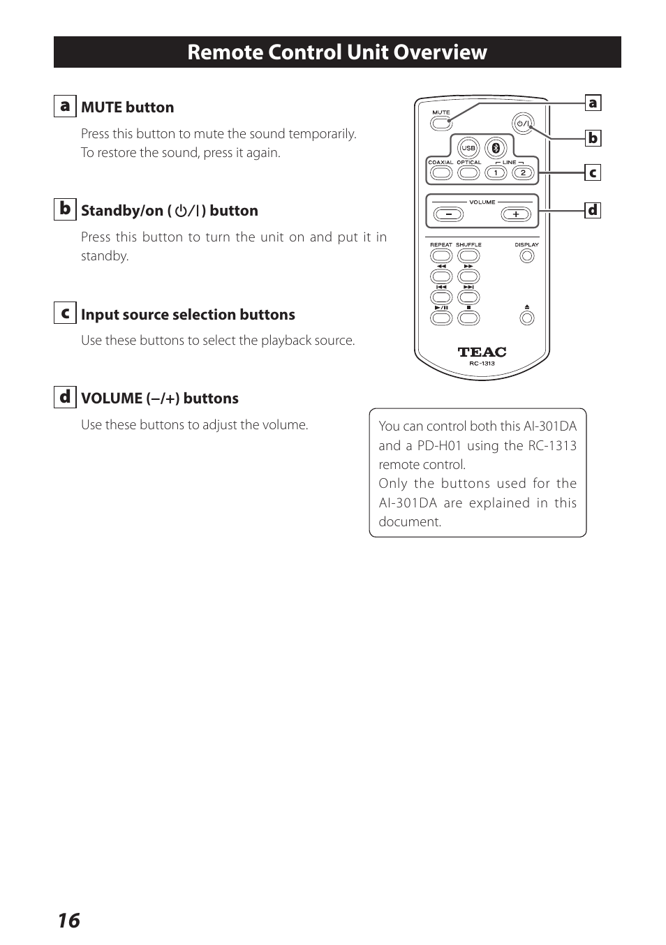 Remote control unit overview | Teac AI-301DA User Manual | Page 16 / 80