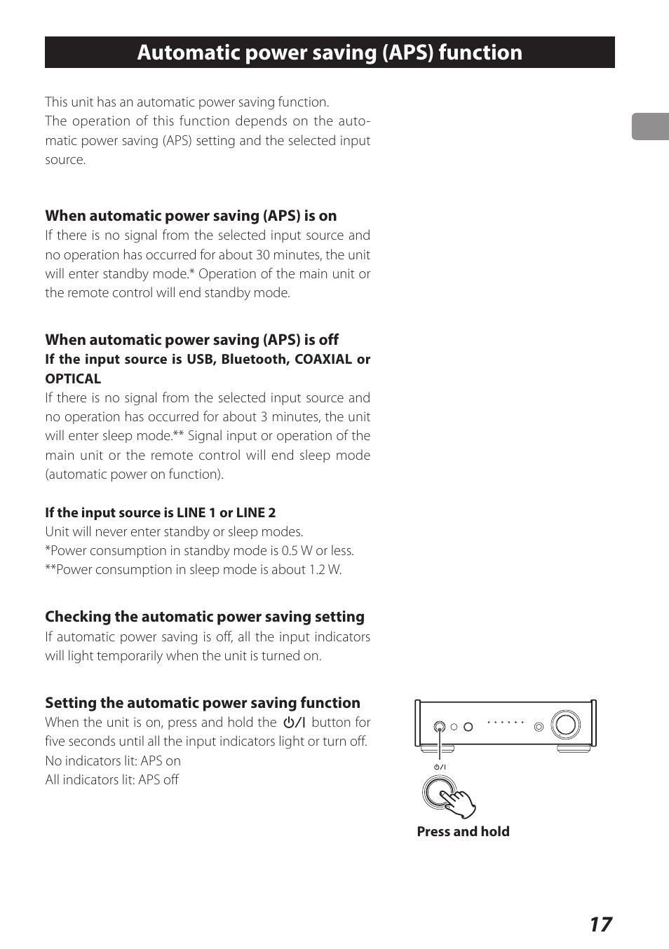 Automatic power saving (aps) function, Automatic power saving (aps) function 17, 17 automatic power saving (aps) function | Teac AI-301DA User Manual | Page 17 / 80