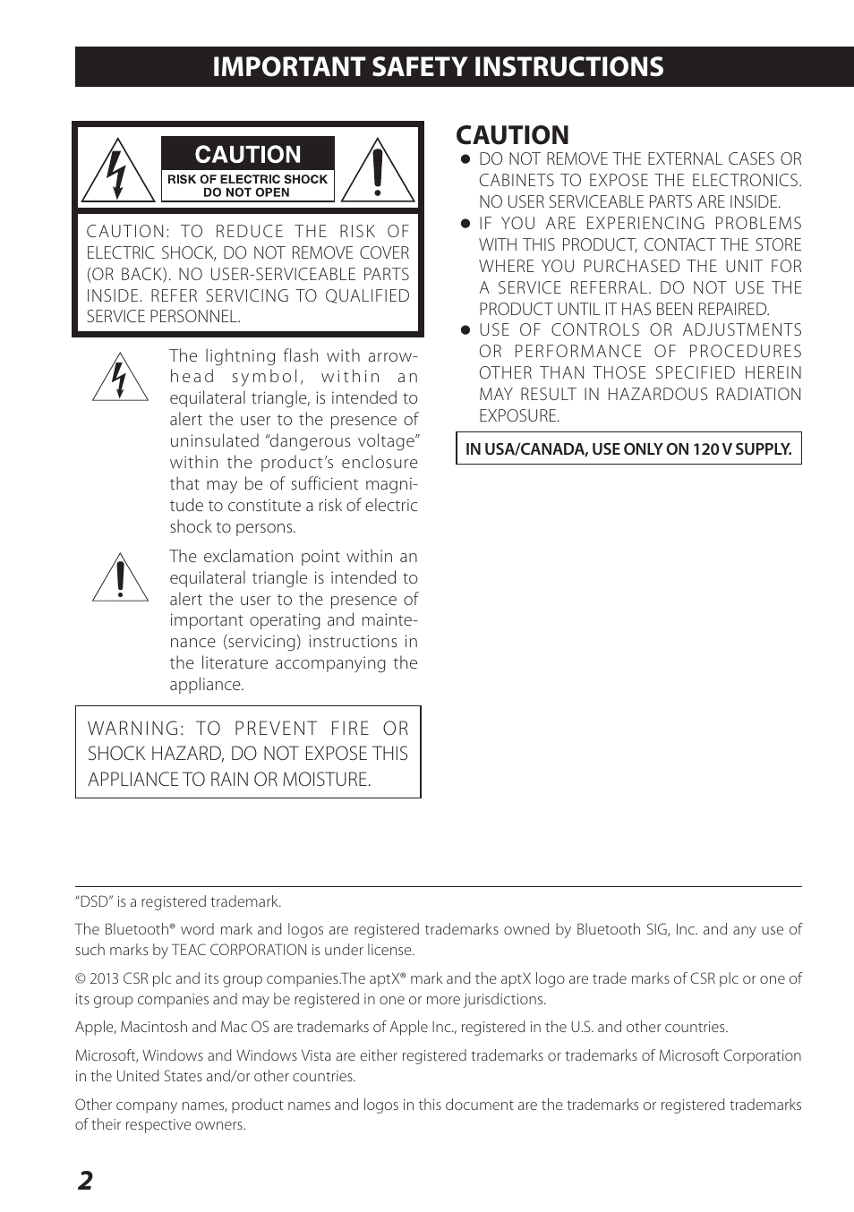 English, Important safety instructions, Caution | Teac AI-301DA User Manual | Page 2 / 80