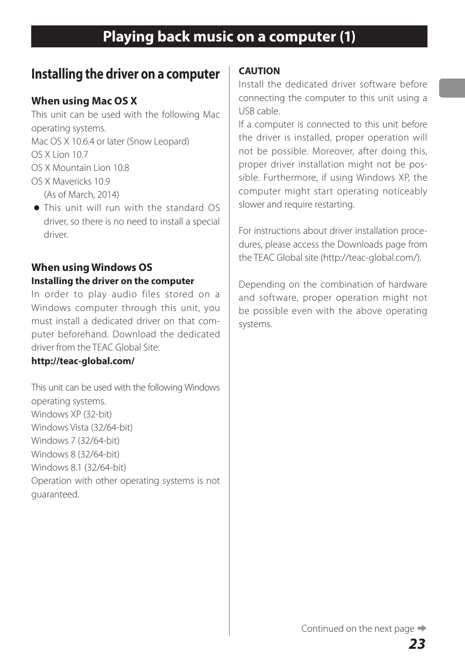 Playing back music on a computer, 23 playing back music on a computer (1), Installing the driver on a computer | Teac AI-301DA User Manual | Page 23 / 80