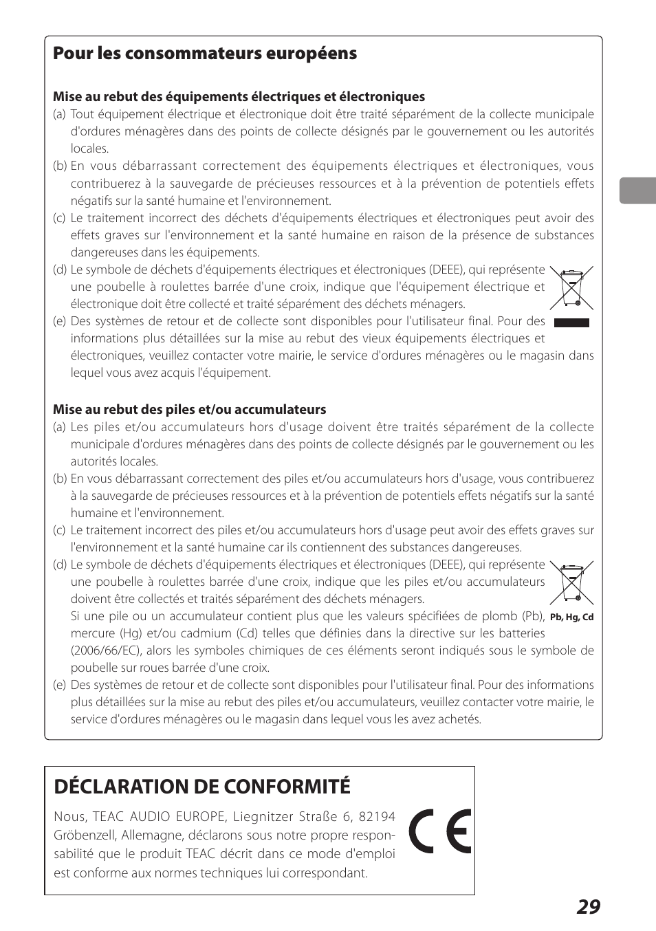 Déclaration de conformité, Pour les consommateurs européens | Teac AI-301DA User Manual | Page 29 / 80