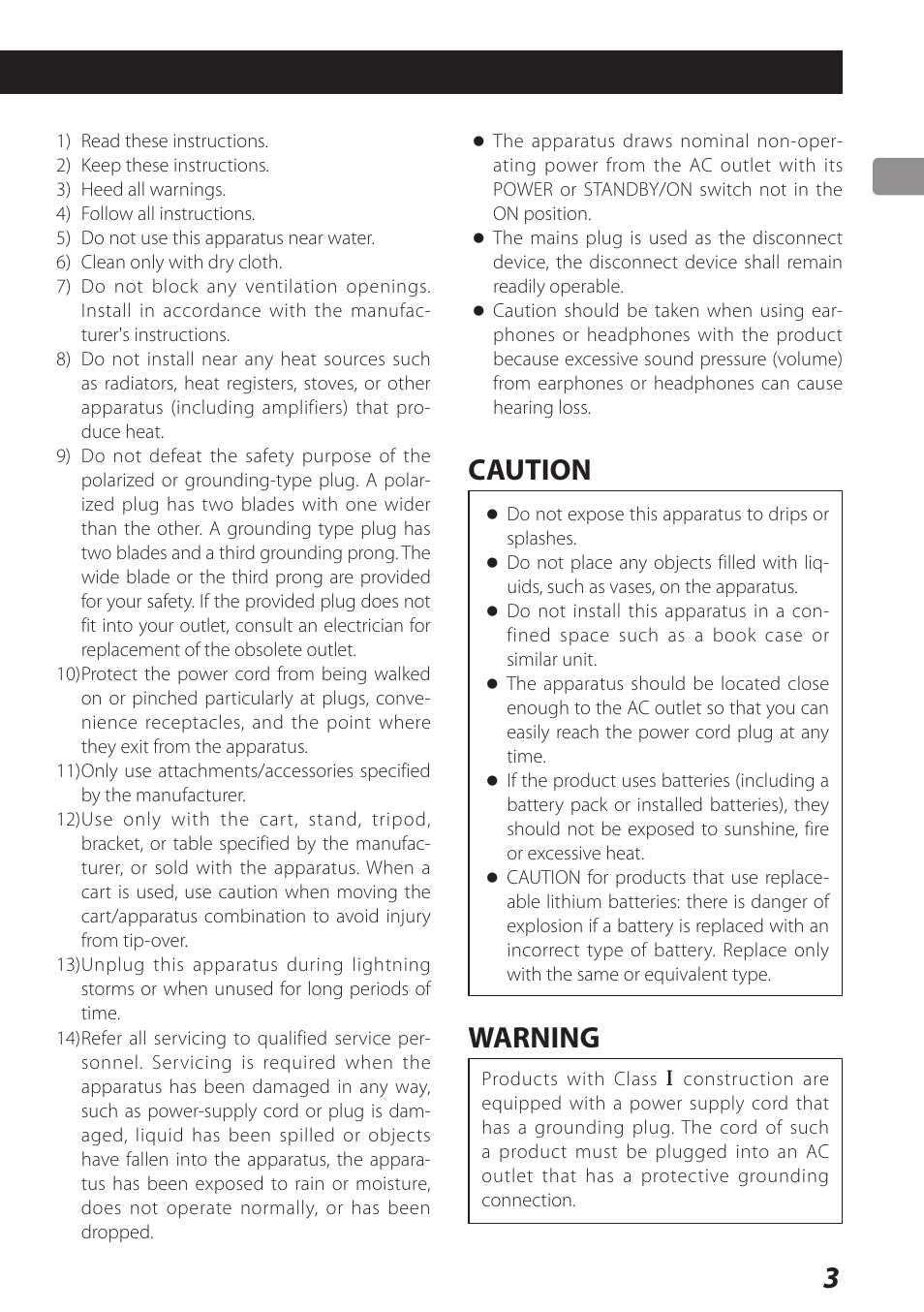 Caution, Warning | Teac AI-301DA User Manual | Page 3 / 80