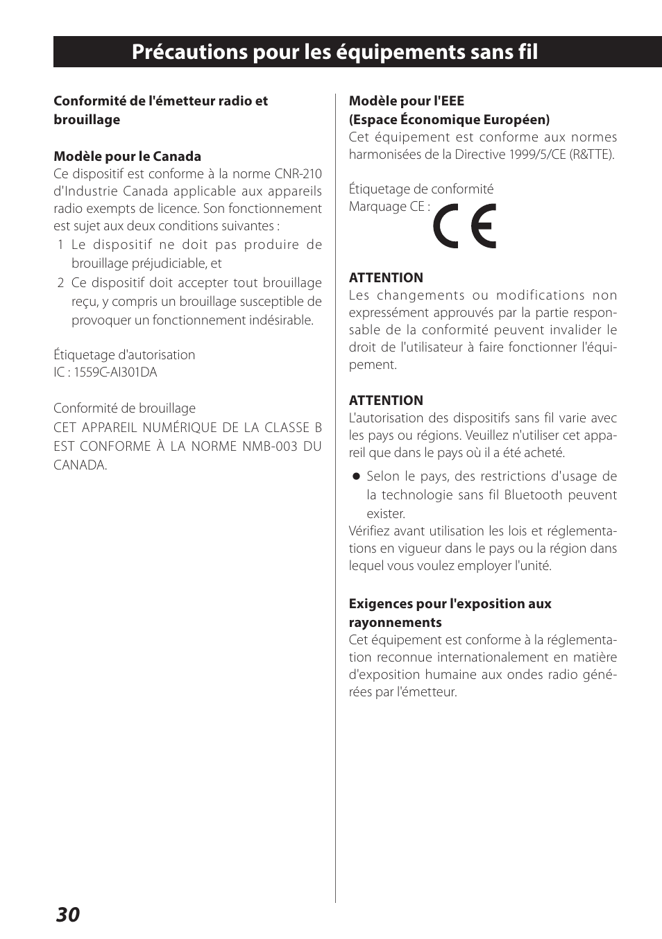 Précautions pour les équipements sans fil | Teac AI-301DA User Manual | Page 30 / 80