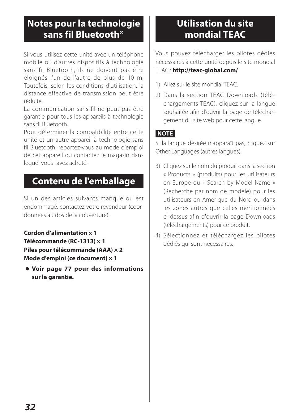 Notes pour la technologie sans fil bluetooth, Contenu de l'emballage, Utilisation du site mondial teac | Notes pour la technologie sans fil | Teac AI-301DA User Manual | Page 32 / 80