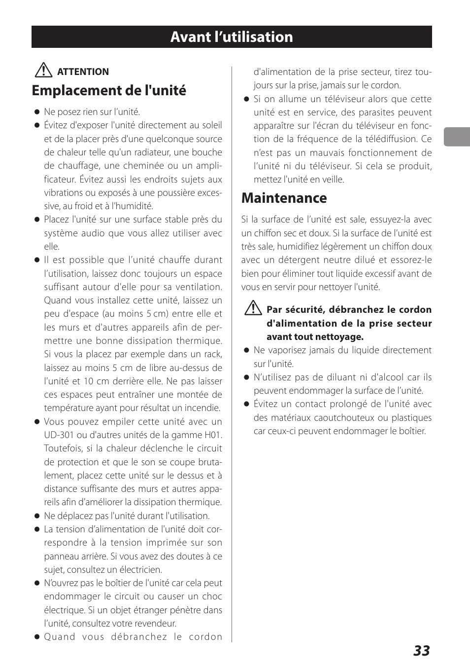 Avant l’utilisation, 33 v, Emplacement de l'unité | Maintenance | Teac AI-301DA User Manual | Page 33 / 80