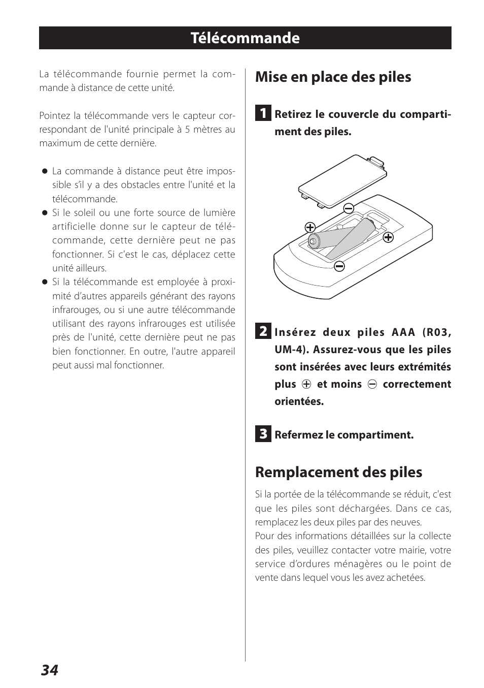 Télécommande, 34 télécommande, Mise en place des piles | Remplacement des piles | Teac AI-301DA User Manual | Page 34 / 80