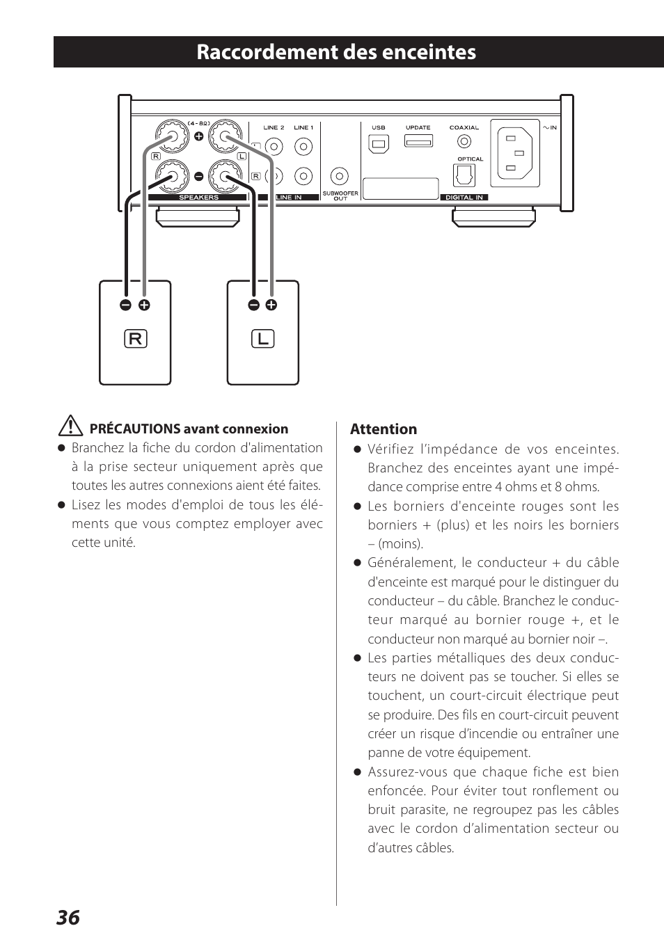 Raccordement des enceintes, 36 raccordement des enceintes v | Teac AI-301DA User Manual | Page 36 / 80