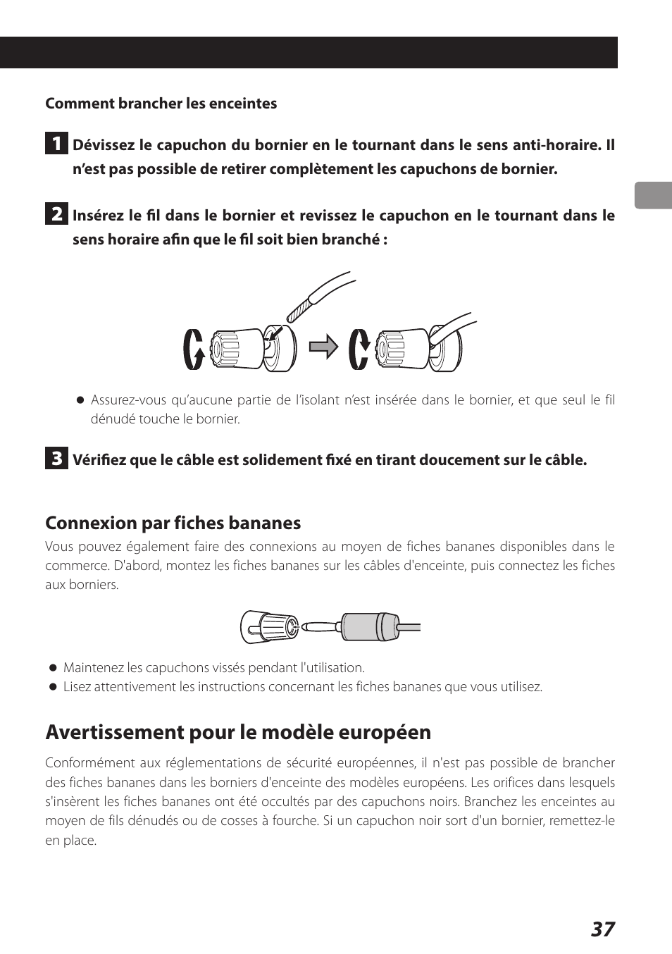 Avertissement pour le modèle européen, Connexion par fiches bananes | Teac AI-301DA User Manual | Page 37 / 80