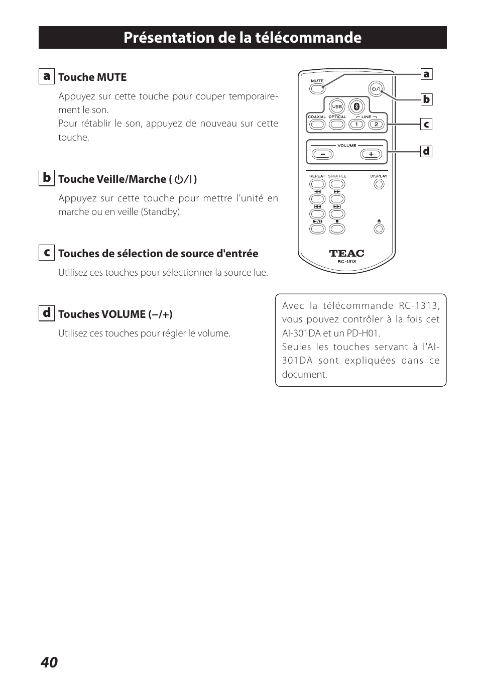 Présentation de la télécommande | Teac AI-301DA User Manual | Page 40 / 80