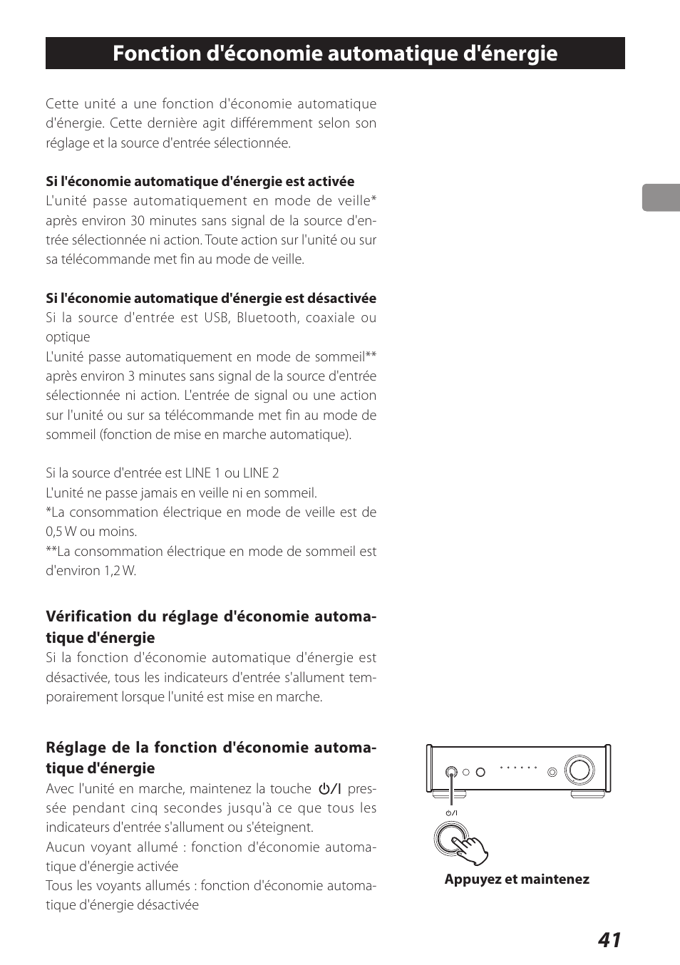 Fonction d'économie automatique d'énergie, Fonction d'économie automatique, D'énergie | 41 fonction d'économie automatique d'énergie | Teac AI-301DA User Manual | Page 41 / 80