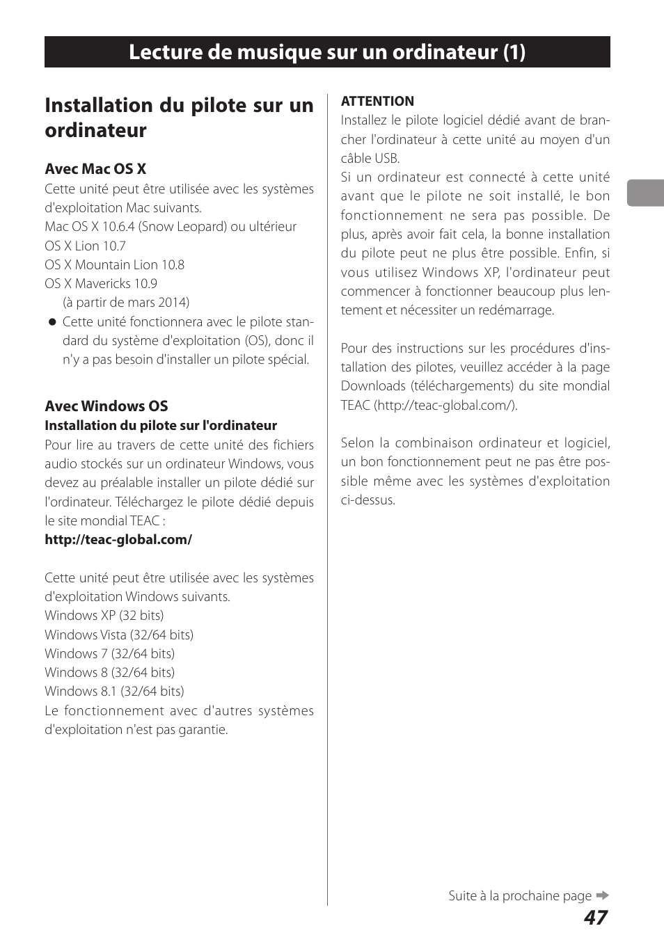 Lecture de musique sur un ordinateur, 47 lecture de musique sur un ordinateur (1), Installation du pilote sur un ordinateur | Teac AI-301DA User Manual | Page 47 / 80