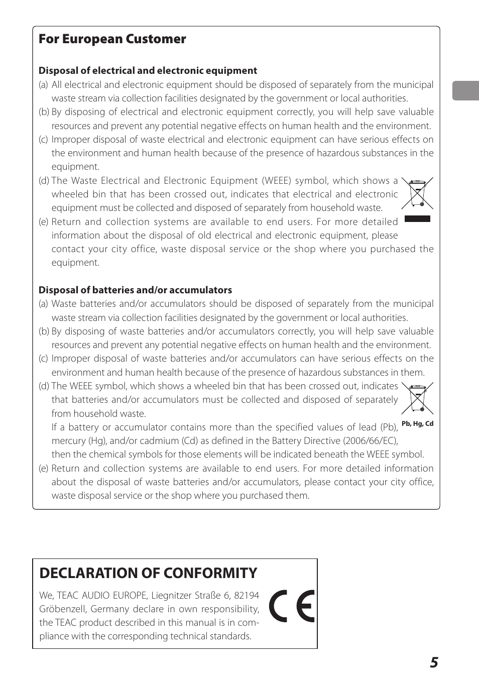 Declaration of conformity, For european customer | Teac AI-301DA User Manual | Page 5 / 80