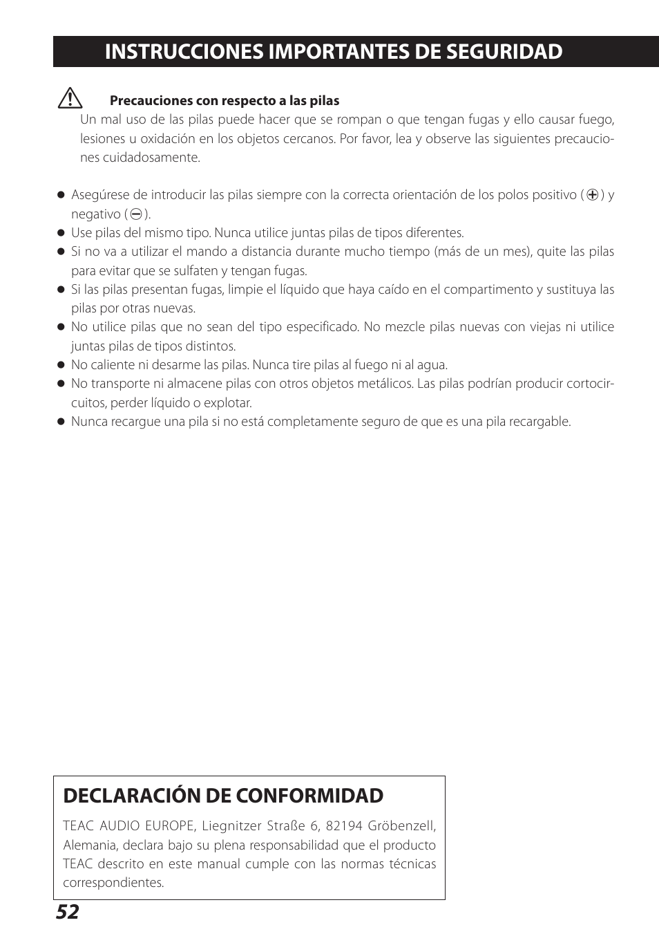 Español, Instrucciones importantes de seguridad, Instrucciones importantes de | Seguridad, 52 v, Declaración de conformidad | Teac AI-301DA User Manual | Page 52 / 80