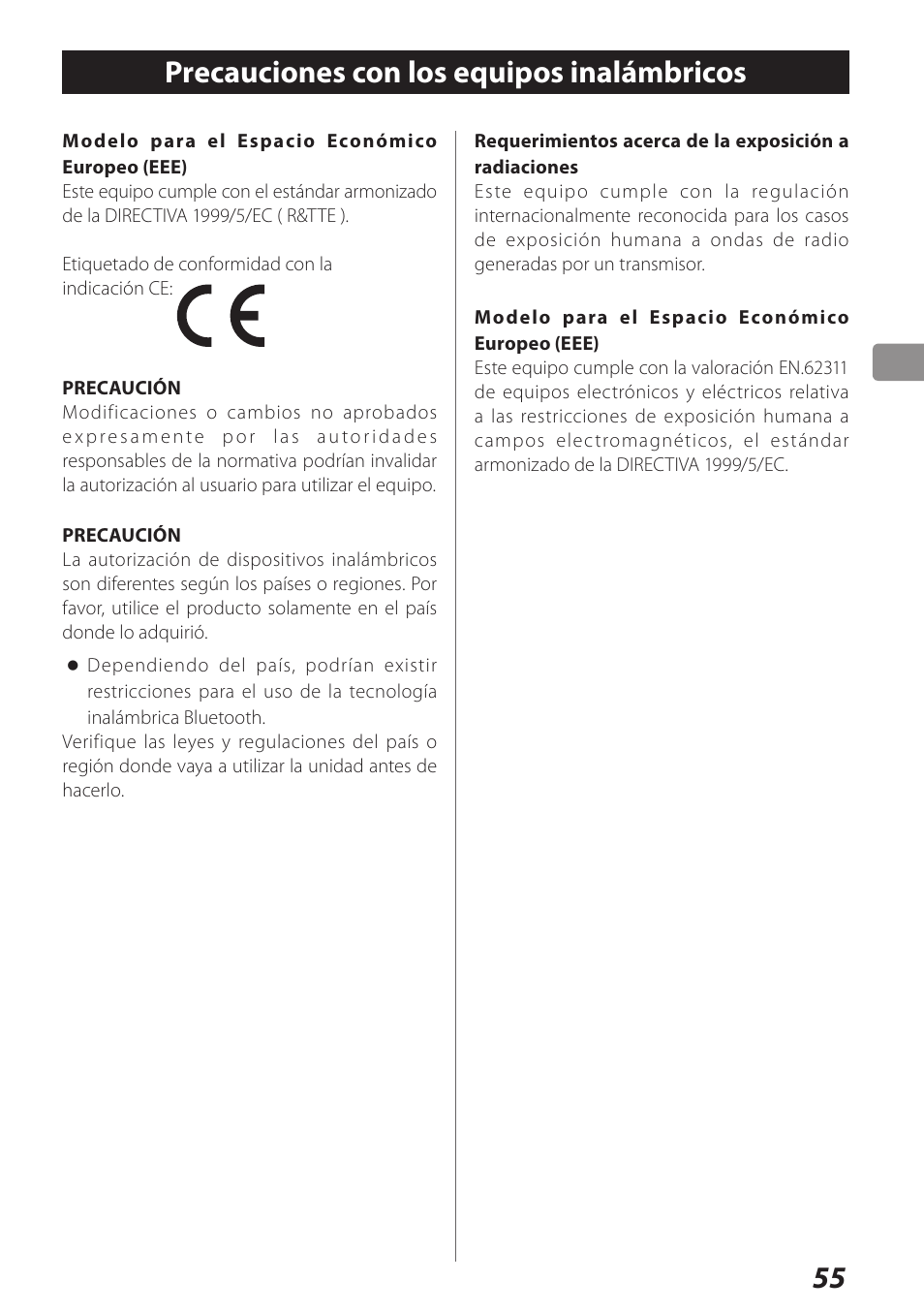 Precauciones con los equipos inalámbricos, Precauciones con los equipos, Inalámbricos | Teac AI-301DA User Manual | Page 55 / 80