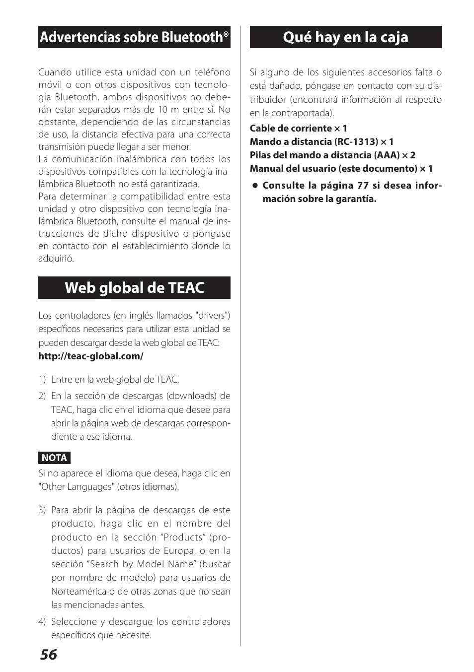 Advertencias sobre bluetooth, Web global de teac, Qué hay en la caja | Teac AI-301DA User Manual | Page 56 / 80