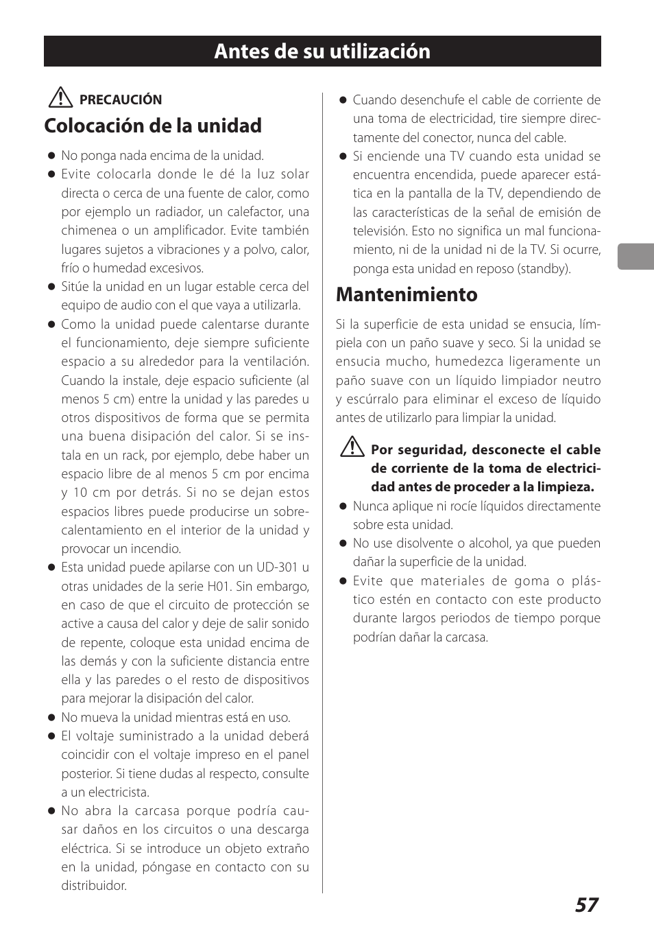 Antes de su utilización, 57 v, Colocación de la unidad | Mantenimiento | Teac AI-301DA User Manual | Page 57 / 80