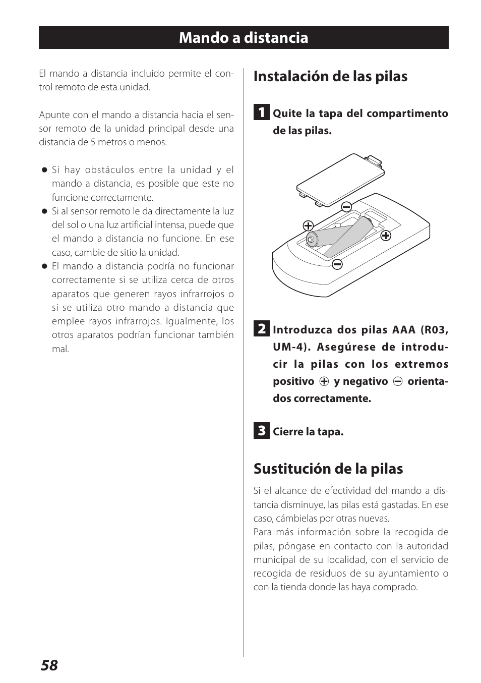 Mando a distancia, 58 mando a distancia, Instalación de las pilas | Sustitución de la pilas | Teac AI-301DA User Manual | Page 58 / 80