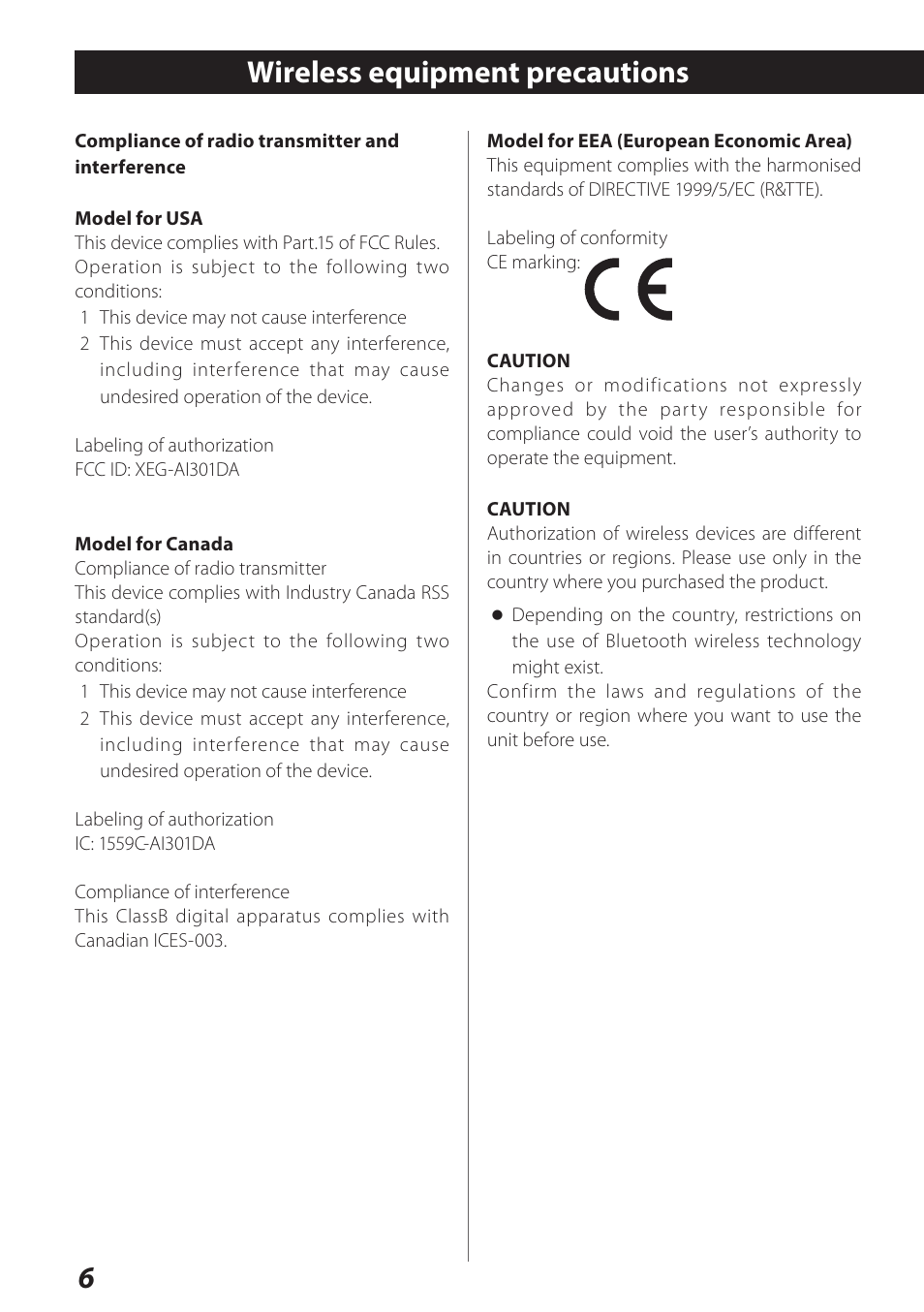 Wireless equipment precautions | Teac AI-301DA User Manual | Page 6 / 80